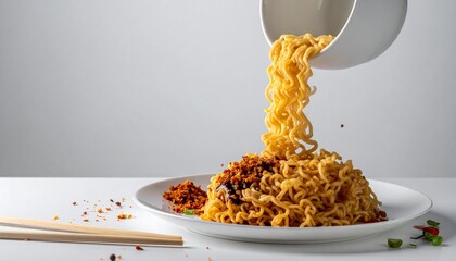 Realistic fried noodles pouring into plate with big white space. AI generated.