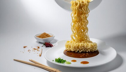 Realistic fried noodles pouring into plate with big white space. AI generated.