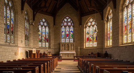 Obraz premium Beautiful Interior of a Church with Stained Glass Windows