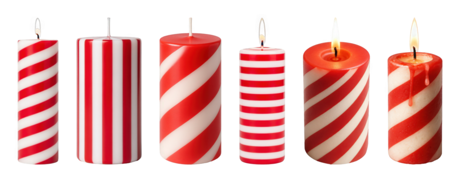 Red and white striped pillar candle set including various styles, lit and unlit, isolated. Festive holiday decoration.