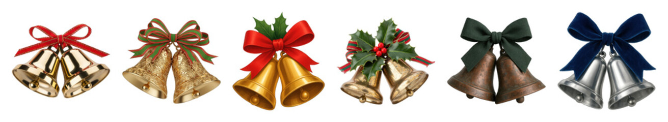 Holiday bells set including gold, ornate, bronze, and silver pairs with festive ribbons isolated. Christmas decoration and celebration collection.