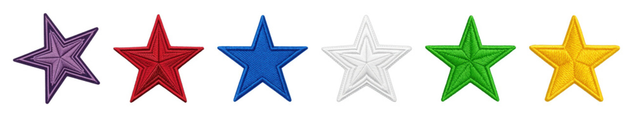 Obraz premium Embroidered star set including purple, red, blue, white, green, and yellow colors isolated. Crafting, awards, and decorative designs.