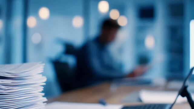 Medium shot capturing an actuary analyzing layered risk modeling reports on a lighted desk stack of papers in crisp focus surrounding office environment gently out of focus.