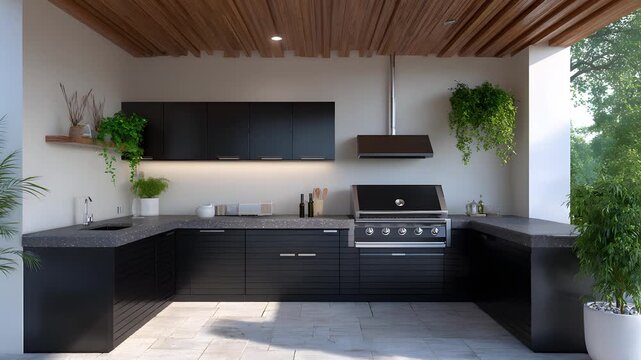 Modern outdoor kitchen with sleek black cabinets and grill