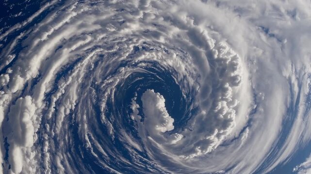 Aerial View of a Powerful Cyclone Forming Over the Ocean, Displaying a Dramatic Spiral of Clouds Against a Deep Blue Sky