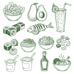 Set of  healthy food icons in hand drawn green doodle style. Vector illustration with salad bowl, avocado, smoothie, sushi roll, grilled fish, rice bowl, nuts, yogurt, olive oil bottle,