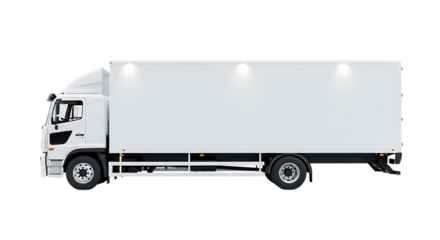 Isolated view of a white delivery vehicle with a box body and a cab over engine design showing side view on transparent background