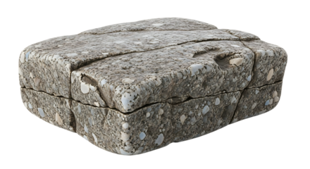 Close up of a rectangular stone block with visible cracks and speckled texture on a plane surface on transparent background