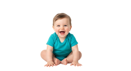 A joyful infant with a turquoise onesie sitting upright and smiling with an open mouth expression on transparent background