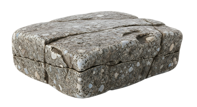 Close up of a rectangular stone block with visible cracks and speckled texture on a plane surface on transparent background