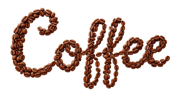 The word cafe spelled out using roasted java beans in a cursive style against a void area on transparent background