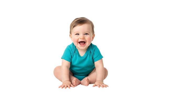 A joyful infant with a turquoise onesie sitting upright and smiling with an open mouth expression on transparent background