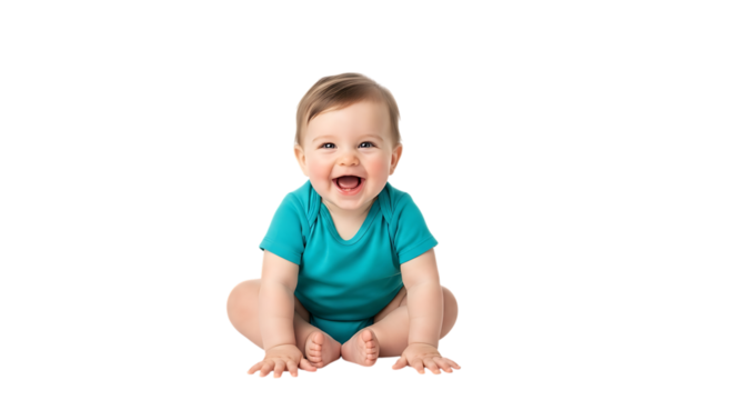 A joyful infant with a turquoise onesie sitting upright and smiling with an open mouth expression on transparent background