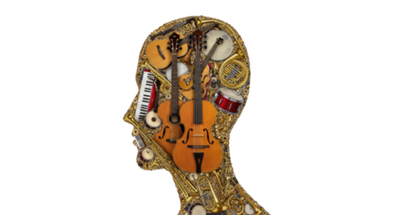 Golden Head Silhouette Filled with Musical Instruments: A Conceptual Artwork with Transparent Background, Ideal for Music Education, Branding, and