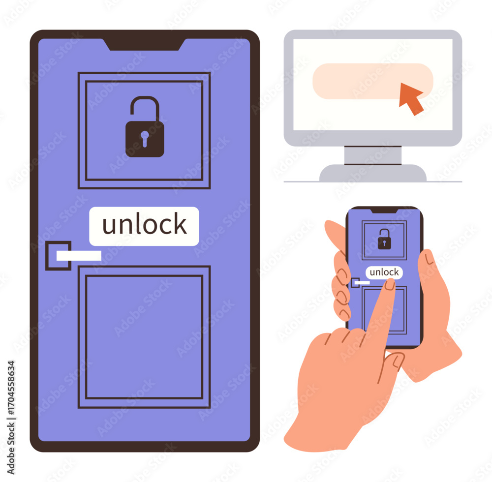 Aufkleber door with lock icon unlocking, user tapping smartphone screen, and a computer screen with a cursor. 