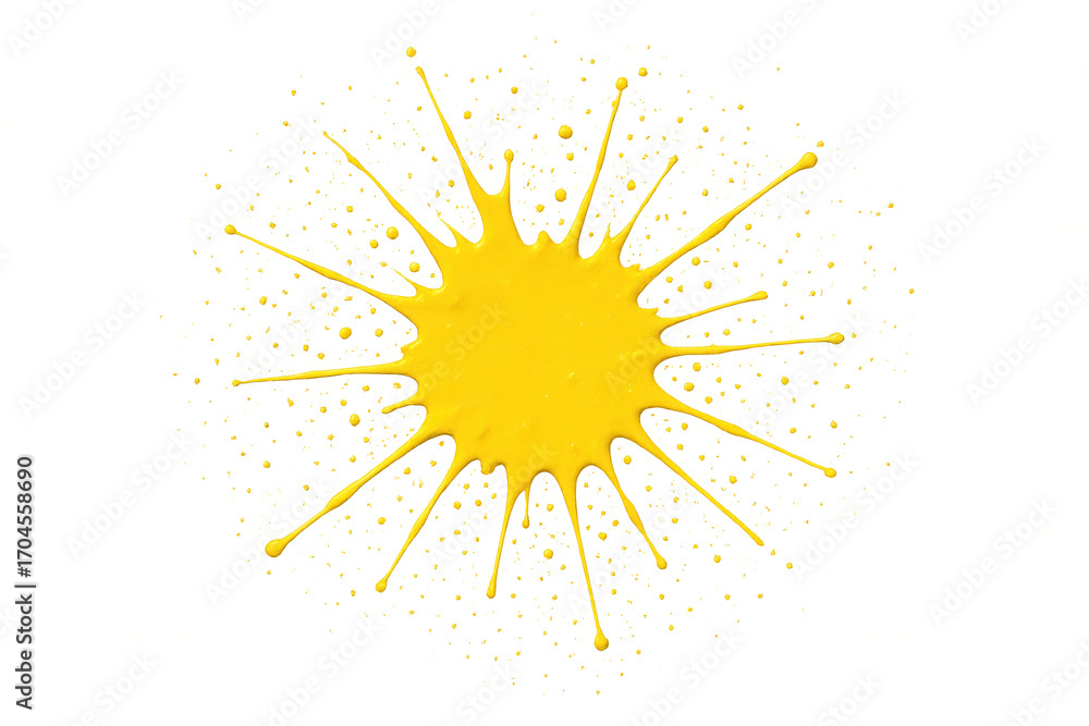 Poster bright yellow paint splattering on a transparent background, creating a vibrant and dynamic visual
