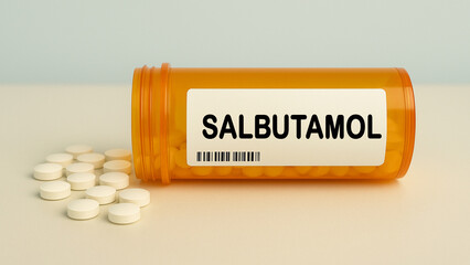 Box of SALBUTAMOL tablets on a hospital pharmacy table used to treat asthma and COPD a bronchodilator.