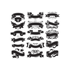 Group of 15 Black Hand Drawn Ribbon Banners and Decorative Ornaments on White Background vintage