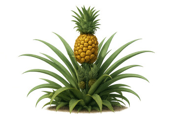 Fototapeta premium Ripe pineapple hanging from green leafy plant, isolated against clean white background, highlighting tropical fruit texture and color