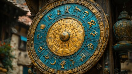 Intricate Ancient Astrological Clock Face with Zodiac Symbols