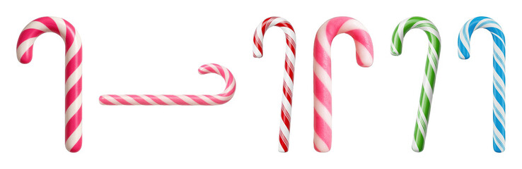 Candy cane set including red, pink, green, and blue striped varieties isolated. Christmas holiday and sweet treat collection.