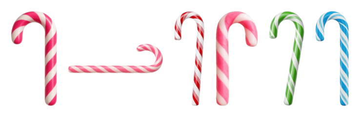 Candy cane set including red, pink, green, and blue striped varieties isolated. Christmas holiday and sweet treat collection.