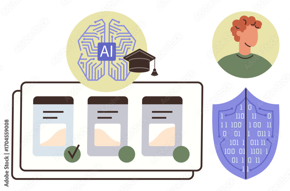 Poster artificial intelligence brain with circuits and graduation cap, secure data shield, user profile, an