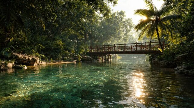 Tranquil Rainforest Sanctuary - A Sunlit Bridge Over a Crystal-Clear Tropical River. - Powered by Adobe