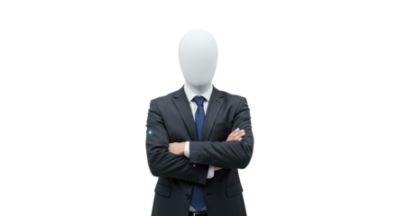Mysterious Figure in Dark Suit with Arms Crossed Against Black Background: Professional Business Portrait with Faceless Man, Transparent Background