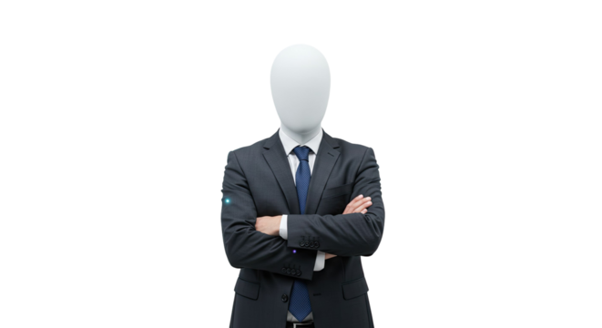 Mysterious Figure in Dark Suit with Arms Crossed Against Black Background: Professional Business Portrait with Faceless Man, Transparent Background