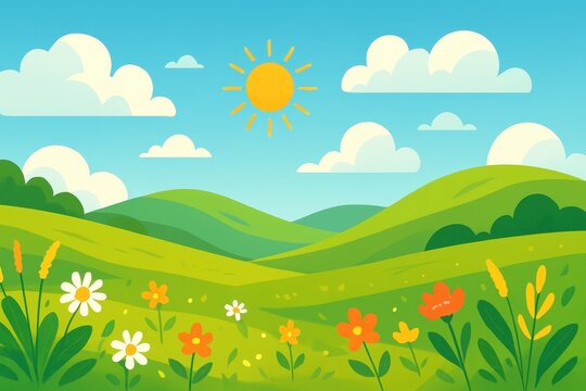 Vibrant summer landscape vector illustration with rolling hills and sunny meadow elements