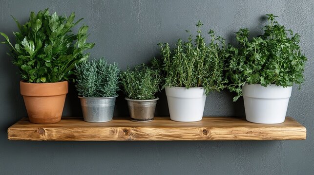 Potted herbs in a kitchen: A vibrant array of culinary plants on a rustic wooden shelf enhance a - Powered by Adobe