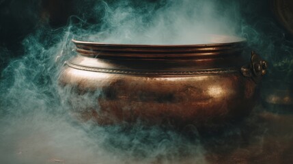 Fototapeta premium Metallic copper cauldron with dry ice steam. Vintage witchcraft styling