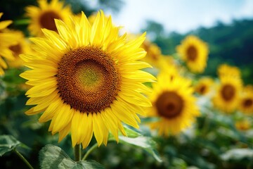 Close-up of a vibrant sunflower in a field.
