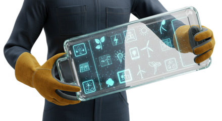 Person in Work Gloves Holding Transparent Futuristic Tablet Displaying Agricultural Icons 3D Render for Technology and Agriculture Seamless Pattern