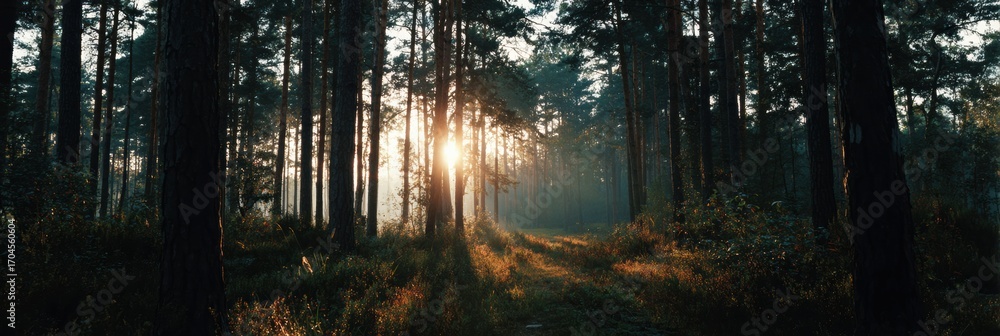 Poster sunlight filtering through tall trees in a peaceful forest during early morning hours in serene natu