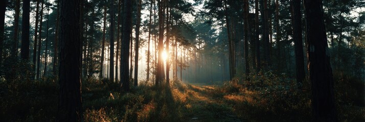 Naklejka premium Sunlight Filtering Through Tall Trees in a Peaceful Forest During Early Morning Hours in Serene Nature Setting