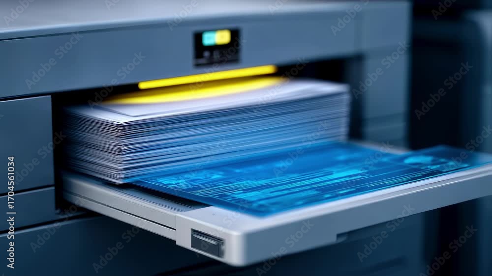 Poster close view of aipowered robotic clerk scanning and filing important documents on a compact unit blur