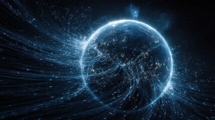 Futuristic Earth Ablaze with Luminous Blue Data Streams and Global Connections.