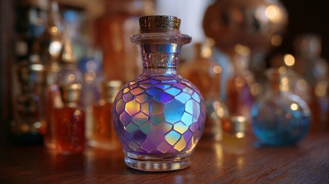 Holographic witch potion bottle with color-shifting glass. Magical elixir