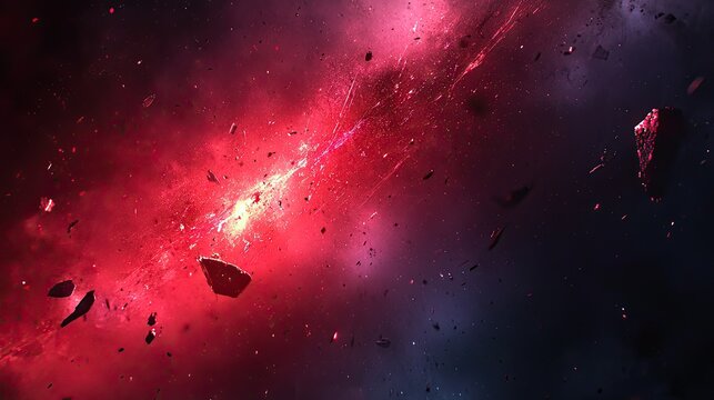 Spectacular cosmic explosion with vibrant red nebula and floating space rocks