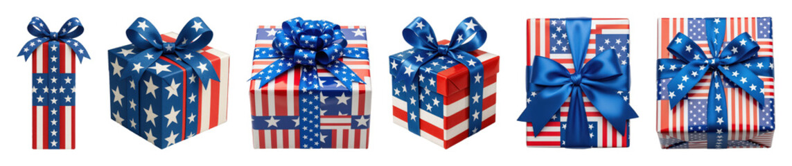 Fototapeta premium Patriotic gift box set including various sizes, bows, and wraps isolated. American holiday and celebration collection.