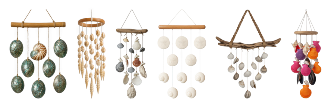 Seashell wind chimes set including abalone, nautilus, sand dollar, cowrie, and colorful scallop designs isolated. Coastal home decor and summer themes.