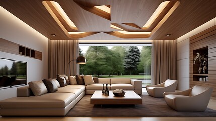 Elegant living room showcasing a modern architectural design with a scenic outdoor view
