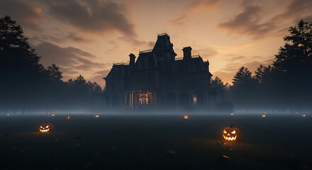 A spooky Victorian mansion stands silhouetted against a cloudy twilight sky, surrounded by fog and glowing jack-o'-lanterns in the foreground.