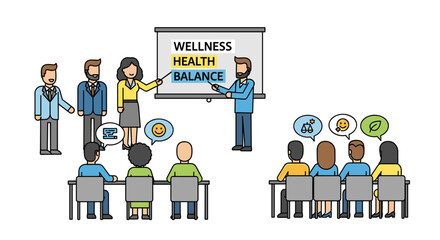 Wellness Presentation with Business Professionals Discussing Health and Life Balance at Workshop, Focus on Corporate Wellbeing for Happy and Productive Employees