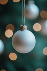 Fototapeta premium White Christmas ornament ball hanging on decorated tree branch