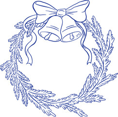 Hand draw retro Christmas wreath with fir tree branches and bells vector illustration. Doodle Xmas garland.