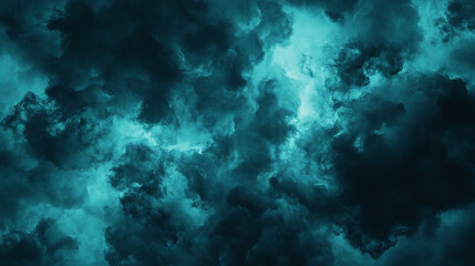 A mesmerizing display of swirling dark clouds and turquoise hues, creating a striking abstract atmosphere that evokes mystery and depth.