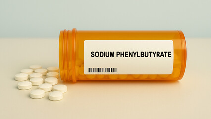 Box of SODIUM PHENYLBUTYRATE tablets on a hospital pharmacy table used to treat urea cycle...